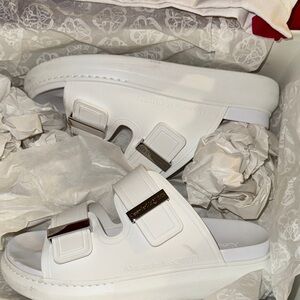 Alexander McQueen White Slides with Silver Accents